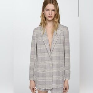 Mango check‎ print blazer jacket in grey cotton blend lightweight small